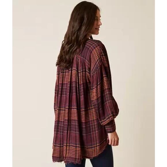 Free People Come On Over Maroon Wine Plaid Flannel Oversized Long Sleeve Shirt - Picture 2 of 14